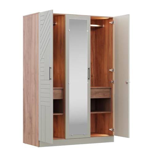 Image of Wakefit Wardrobe for Bedroom | 3 Yr Warranty | Cupboard for Bedroom, Almirah, Wooden Wardrobe, Comes with LED light, Storage Drawer, Mirror & Hanger, Density:680-750kg /m, Free Installation(Tyrian-CB)