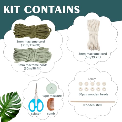 BEUNITONE DIY Kit de macramê para iniciantes com folhas de macramê para adultos, macramê verde sálvi