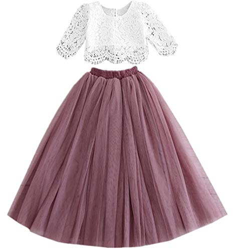 2Bunnies Girl Floral Scallop Lace Tutu Tulle Boho Bohemian Flower Girl Dress 2 Piece Outfit Sets (Mauve, 12 Months)