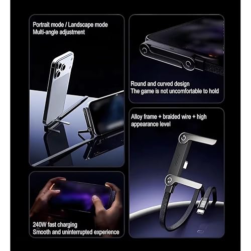 Image of 240W USB C to USB C Fast Charging Cable with Foldable Adjustable Phone Stand, Multi-Angle Type C Charger Cord for Smartphones, Tablets & Laptops, High-Speed Data Transfer Charging Cable (Black, 1.5M)