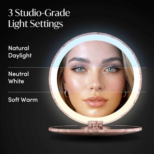 Image of Fancii Taylor LED Lighted Travel Makeup Mirror, Rechargeable, 10x /1x Magnifying, Tru-Glow Lighting System, XL Large 5 inch Wide | Compact Mirror for Purses (Mocha Lace)