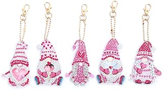 Mwoot 5 Pieces Double Sided 5D Diamond Art Painting Keychain Kit, DIY Dwarf Round Drill Crystal Cute Gnome Keyring, Rhinestone Painting Key Chains Pendant for Women Mobile Backpack Handbag Decor(Pink)