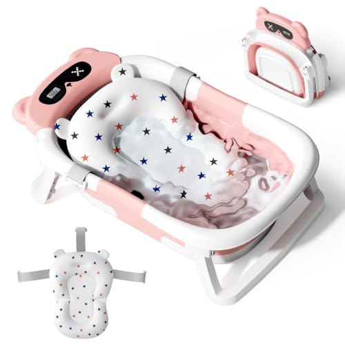 Image of Baby Bathtub,Foldable Baby Bath Tub for Newborn to Toddler (0-18 Months) - Collapsible Infant Tub for Travel with Thermometer, Soft Cushion,Pink