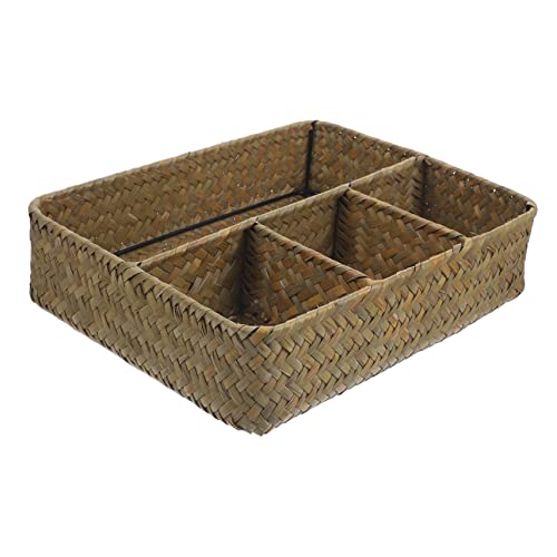 VOSAREA Woven Bulrush Storage Basket for Tea Bags and Sugar Packets Rustic Organizer for Coffee Bar Desktop and Home Decor Multi Compartment Design for Items