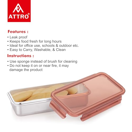 Image of Attro Steelox Rectangle Stainless Steel Container with Plastic Seal Lid BPA Free Food Grade Leak-Proof Ideal for School, Office & Outdoor Lunch Pack - 630ml Brown