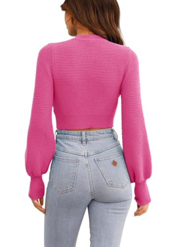 Image of Womens Sexy Crew Neck Cropped Sweaters Knit Long Sleeve Crop Tops Pullover | Ribbed Knit, Long Sleeve, Crop Tops, Pullover,Crew Neck