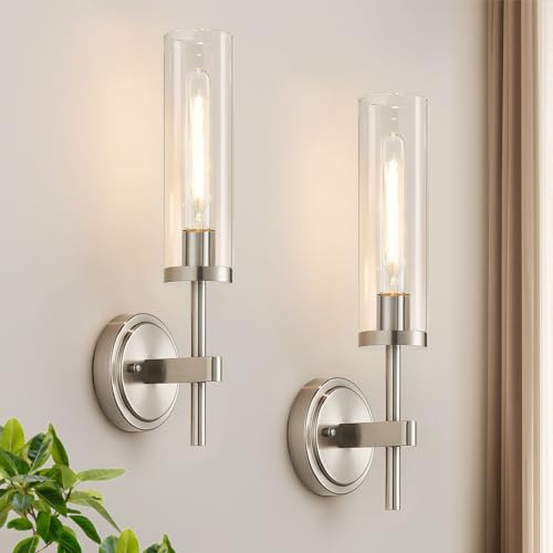 MOKATNG Wall Sconces Set of Two Brushed Nickel Bathroom Sconces with Clear Glass Hardwired Sconces Wall Decor Set of 2 Modern Wall Light Fixtures for Bathroom Mirror Living Room Bedroom Hallway