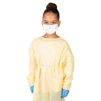 TRONEX SMS100Y Disposable Gown, Pediatric Gown, Hospital Gown, Multilayer SMS Material, Fluid Resistant, Neck Ties, Elastic Cuffs, Ages 5 through 12, Yellow, Youth Small, Pack of 10