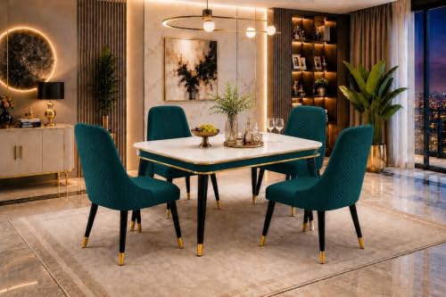 Image of WOODEN SPACE 4 Seater Wooden Dining Table Set | Urban Marble Top Dining Table with Chairs for Dining Room & Kitchen (Modern Vento Sea Blue) (54 x 36 x 30 inch)