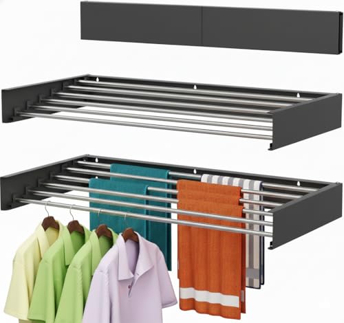 Wall Mounted Clothes Drying Rack - Foldable and Retractable - 40 Kg Capacity Collapsible Drying Rack for Indoor & Outdoor Use - 6 x100 cm Aluminum Rods For 6m Of Hanging Line (Anthracite 100 cm)