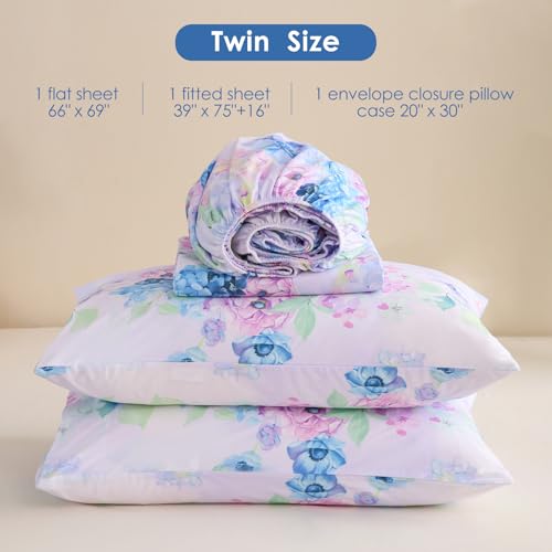 Image of JSD Purple Hydrangea Floral Printed Sheet Set Twin Size | 3 Piece Soft Botanical Microfiber Sheets, 16 inch Extra Deep Pocket, OEKO-TEX Certified, Easy Care