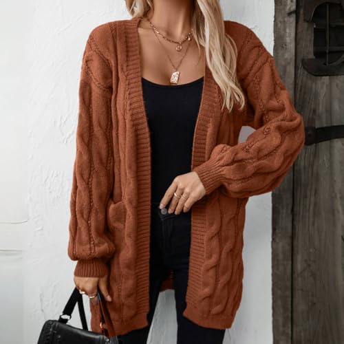 Image of Womens Cable Knit Long Sleeve Open Front Cardigan with Pockets, Mid Length Long Cardigans for Women Lightweight
