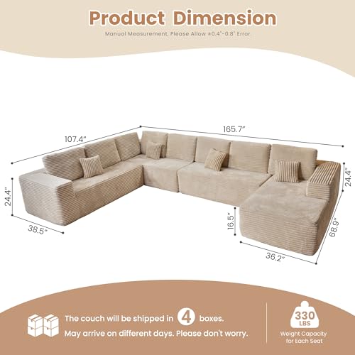 Image of HOOOWOOO Cloud Sectional Couches for Living Room,Modular Sectional Sofa No Assembly,165X110 Inch Plush Corduroy Large U Shaped Floor Couch Set with Extra Deep Seat Chaise Lounge(Beige)