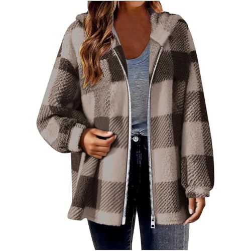 Gumipy Fleece Jacket Women Plaid Zip Up Hoodie Trendy Checkered Sherpa Jacket Fuzzy Winter Coats Long Sleeve Womens Jackets