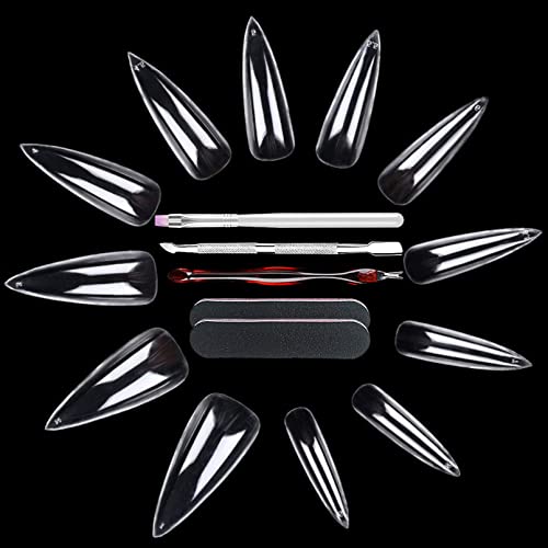 600 Pièces Longs Faux Ongles Stiletto, FITDON Transparente Couverture complète Capsules Faux Ongles Pointe Amande, ongles acryliques à presser pour salons de manucure et DIY Nail Art Cover