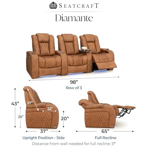 Image of Seatcraft Diamante Tawny Italian Leather Home Theater Seating, Zero Gravity Power Recliner Gaming and Home Office Chair, Powered Headrest Lounge Sofa Furniture for Cinema Room, Row of 3
