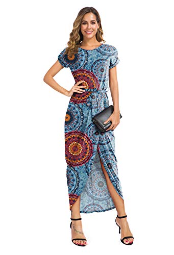Grecerelle Women's Short Sleeve Summer Floral Print Dresses Elastic Waist Slit Casual Long Maxi Dress With Belt Fp-Mix Blue-L #TOP1