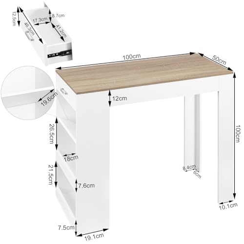 Miniatura 3 de Woltu Mesa Bar Alta, Mesa Cocina Con Estantería Lateral De 1 Cajon 1 Botellero Y 2 Estantes, Mesa Para Comedor Salón Sin Tablas De Madera, Blanco Roble Claro, 100 X 50 X 100 Cm
