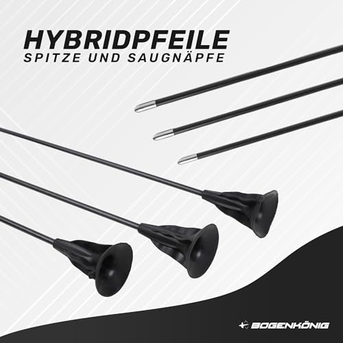 Bogenkönig Pfeil und Bogen Kinder Set-Einsteiger Sportbogen mit 6 Pfeilen (3 schwarz Pfeile mit Metallspitze und 3 blaue Pfeile mit Saugnapf) 6x Zielpapier Ideal für Kinder und Jugendliche ab 7 Jahren
