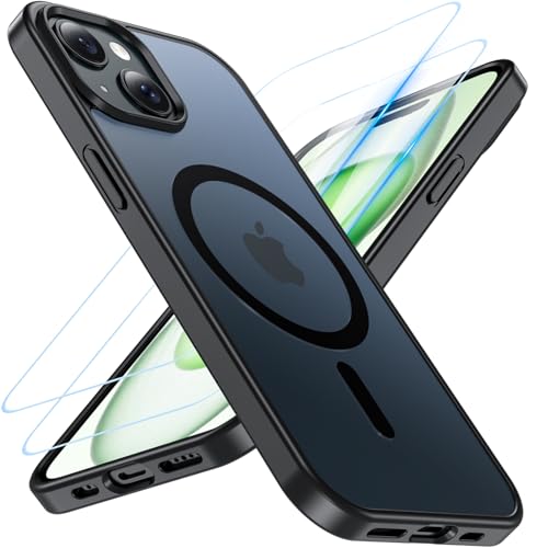 OWKEY für iPhone 15 Hülle 6 1 Zoll Kompatibel mit MagSafe [mit 2 Schutzglas] Magnetisch Handyhülle iPhone 15 Case Militärqualität Stoßfeste Translucent Matte Dünn Schutzhülle Schwarz