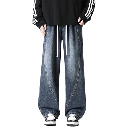 Mens Baggy Jeans Elastic Waisted Denim Pants Wide Leg Denim Pants Hip Hop Skater Jeans with Drawstring Multiple Pockets