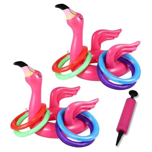 SIMUER 2-pack uppblåsbar flamingo ring kasta spel pool strand party leksak spel med pump pool strand luau festtillbehör, gräsmatta spel för familj barn vuxna (2 flamingo och 8 ringar)