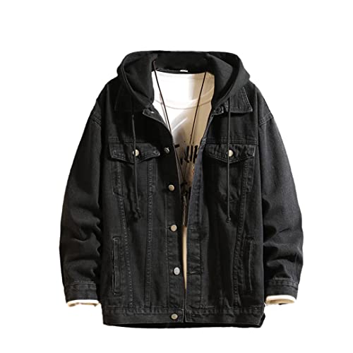 Men's Autumn Denim Jacket Hooded Casual Denim Jacket Solid Color Lapel Loose Denim Top Detachable Hat