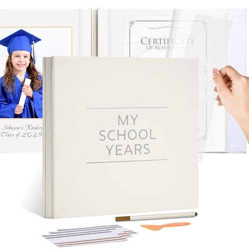 Hiwhy School Years Memory Book for Kids Self Adhesive Photo Album 12x12 Inch 40 Pages Linen Cover (Beige) School Picture Album with Marker & Corner Stickers Childhood Keepsake Book
