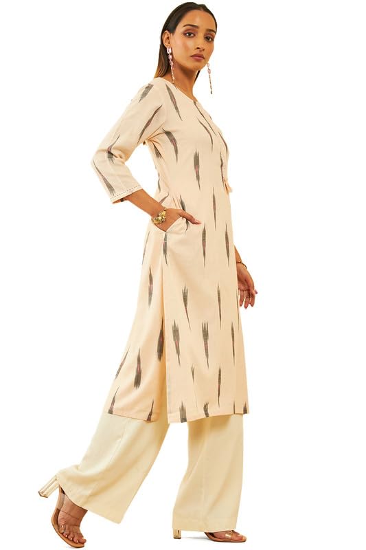 Image of Soch Womens Cotton Ikat Printed Straight Kurta with Sequins