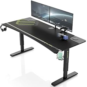 EUREKA ERGONOMIC 63 Inch Computer Desk Large Manual Height Adjustable Gaming Desk, Home Office Studio Table Dual 3 Monitor Curved Edge Desk Mouse Pad Controller Stand Cup Headset Holder