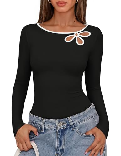 MEROKEETY Long Sleeve T Shirts for Women 2025 Trendy Cut Out Boat Neck Y2k Slim Fit Casual Going Out Tops2