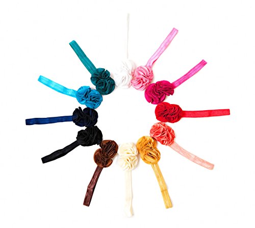 Ema Jane - Double Satin Silk Rosettes Glued Securely to Soft Iridescent Stretchy Headbands (12 Pack)