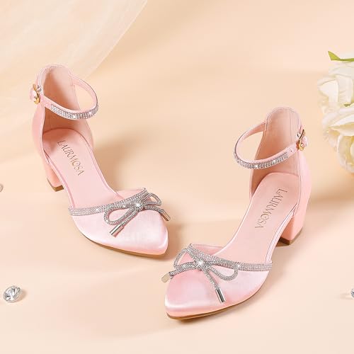 Image of LAURMOSA Girls Sandals Closed Toe High Heels Pointed Toe Ankle Strap Pumps Flower Girl Dressy Shoes in Wedding Party Cute Bowknot Chunky Block Heeled for Little Big Kids