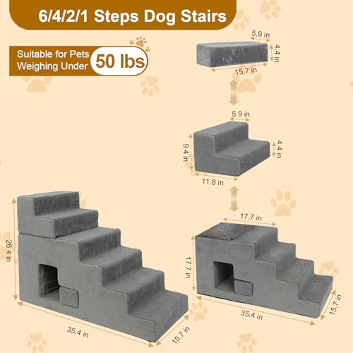 Dog Stairs for Small Dogs 27”H, 6-Step Dog Steps for High Bed, High-Density Foam Pet Stairs with Non-Slip Removable Washable Cover to Get on Bed(Grey) - Thumbnail 4