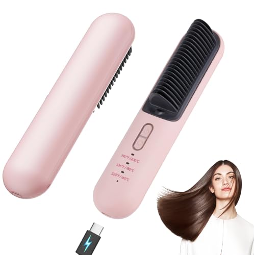 TANSHINE Cordless Hair Straightener Brush,Travel Portable Mini Ionic Hot Brush,Rechargeable Heated Hair Styler for Women,Thermal Smoothing Brush with Hot Comb,4000Ahm,160-210℃,Pink