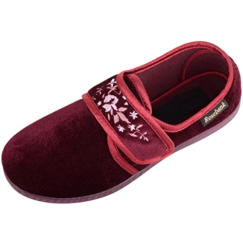Image of ABSOLUTE FOOTWEAR Womens Smooth Velour Slip On Touch and Close Embroidered Slippers - Burgundy - UK 6 / EU 39