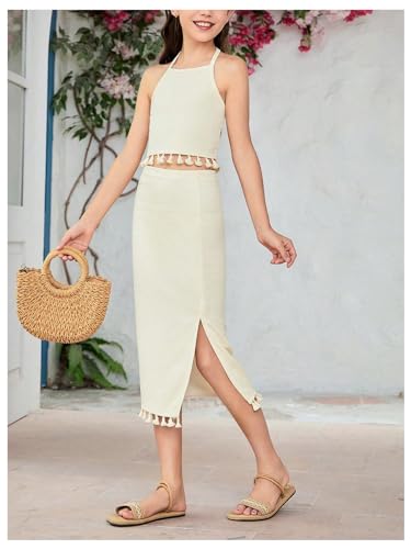 Image of SHENHE Girl's 2 Piece Summer Clothes Tassel Halter Crop Top and Slit Midi Skirt Set Vacation Outfits