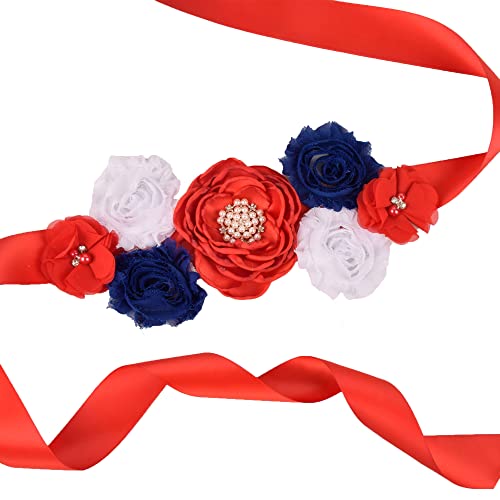 Vintage Maternity Sash for Baby Shower Pregnancy Flowers Sash Belt with Flowers Pearls Rhinestone for Wedding Bride/Baby Shower Dress (Red/Blue/White)