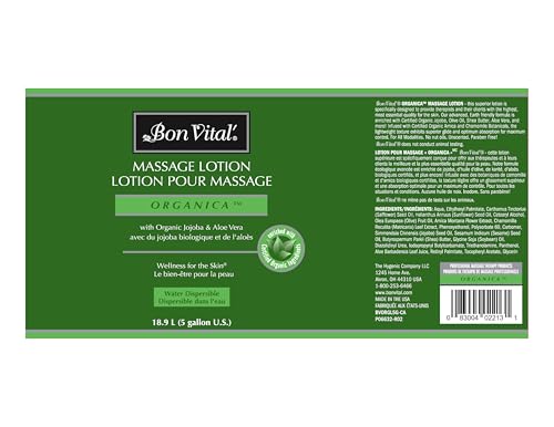 Bon Vital', Organica Massage Lotion, 5 Gallon, Lightweight Massage Lotion for Massage Therapy and Bodywork, Certified Organic Ingredients, Unscented, Professional Spa Use