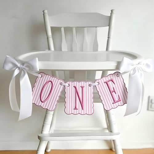 Image of Pink and White Striped ONE High Chair Banner Vertical Stripe Embroidered 1st Birthday Highchair Banner First Birthday Decorations for Girl (Pink Stripes)