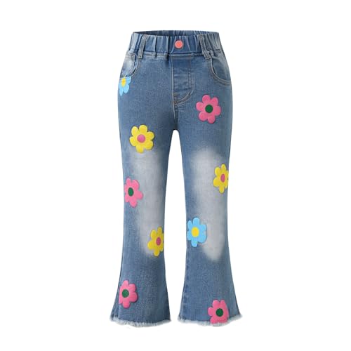 Girls' Casual Denim Pants Elastic High Waist Flare Floral Print Jeans