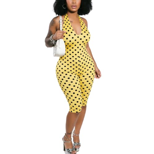 BIUPOS Polka Dot Jumpsuit for Women Halter V Neck Open Back Capri Bodycon Y2K Rompers Sexy Going Out Summer Club Outfits