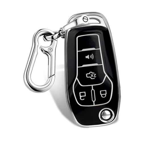 FT FUNTOR for Ford Key Cover 4 Buttons TPU Key Case with Silver Edge Compatible with Ford Bronco F-150 F-250 F-350 F-450 F-550 Raptor Fusion Ranger Ranger XLT Figo (B-Black)