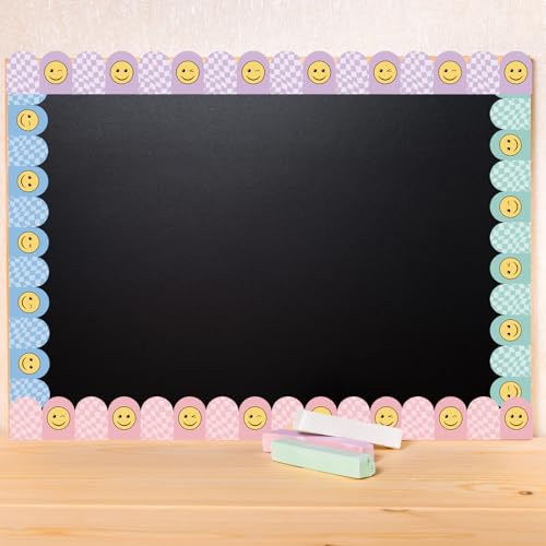 Image of Fuutreo 6 Roll 197 ft Pastel Smile Face Bulletin Board Borders Checkerboard Scalloped Wavy Classroom Border Trim Decoration for Back to School Chalkboard Door Wall Decor
