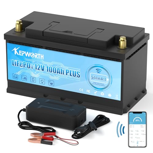KEPWORTH LiFePO4 Batterie 12.8V 100Ah, 100A Bluetooth BMS, Max. 15000 Zyklen Deep Cycle Lithium Akku, Perfekter Ersatz für Blei-Säure Batterien für Wohnwagen, Camping, Boote, Solaranlage