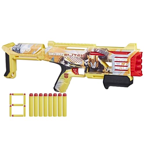 Image of Nerf Transformers Bumblebee Dart Blaster, 8 Nerf Elite Darts, Pump Action, Toy Foam Blasters for 8 Year Old Boys & Girls & Up