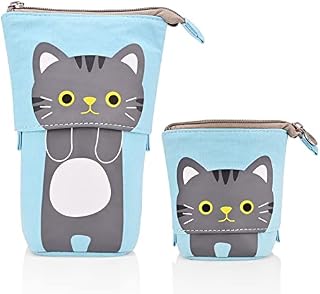 Cute Carton Stand up Pencil Holder,Canvas Pen Pencil Case Organizer Transformer Stand Store Pencil Case Box, Telescopic Stationery Pouch Bag with Zipper Closure for Boys Girls Students (Blue)