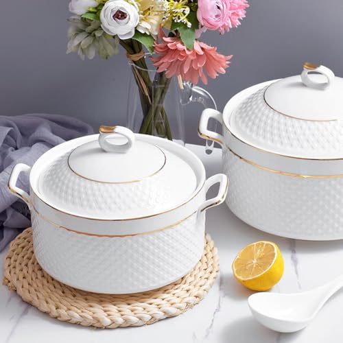 Ceramic White Soup Tureen with Lid Porcelain Serving Tureens for Restaurant Home Kitchen Decoration Ceramic Casserole Dish for Dinner and Party, Microwave and Dishwasher Safe,White,9inch