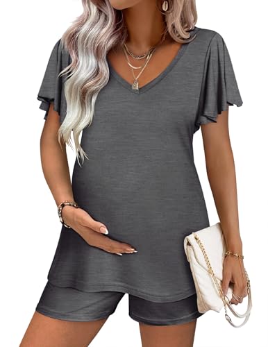 Image of Ekouaer Maternity Sets 2 Piece Outfits Flowing Short Sleeve V Neck Postpartum Pregnancy Pajamas Clothes
