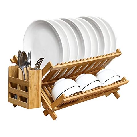 PENGKE Bamboo Folding Dish Drying Rack,2 Tier Collapsible Drainer Dish Storage Rack with Utensil Holder for kitchen Cover